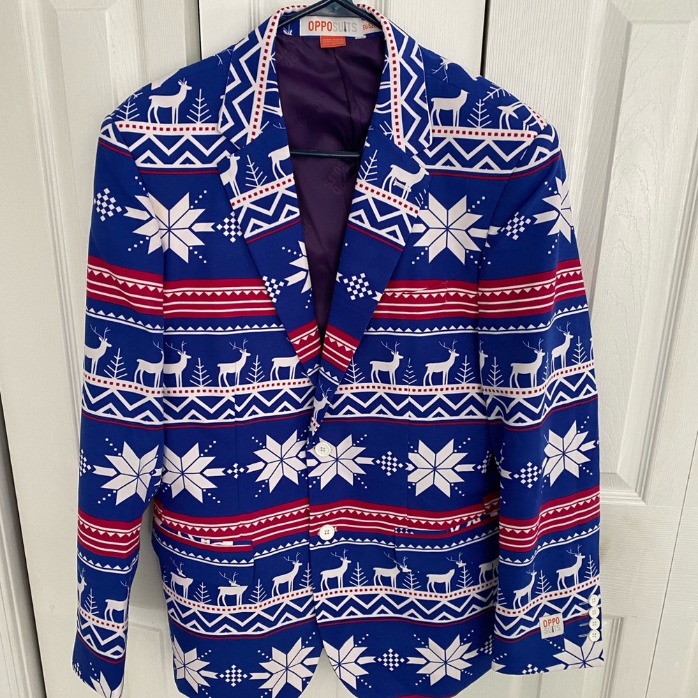Opposuits-Size 42-Blue & white w/red snowflake & reindeer jacket & pants.